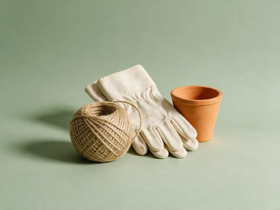 A ball of garden twine, folded gloves and a terracotta pot