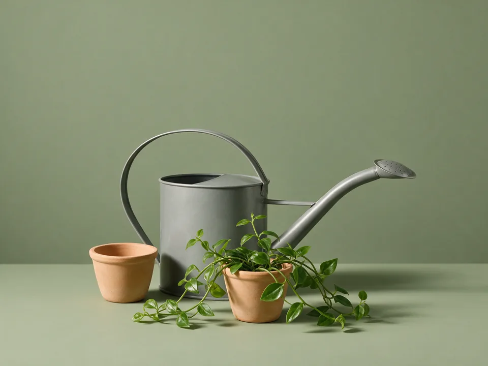 A watering can, two ceramic pots and a trailing houseplant