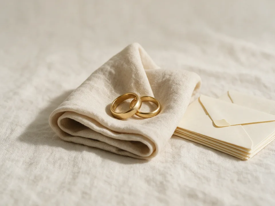 Two plain gold rings on a linen napkin beside cream envelopes