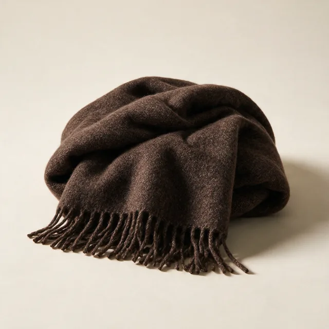 A heavy wool throw folded into a deep pile