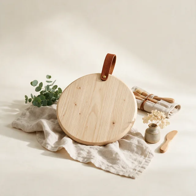 A round pale ash serving board with a leather loop