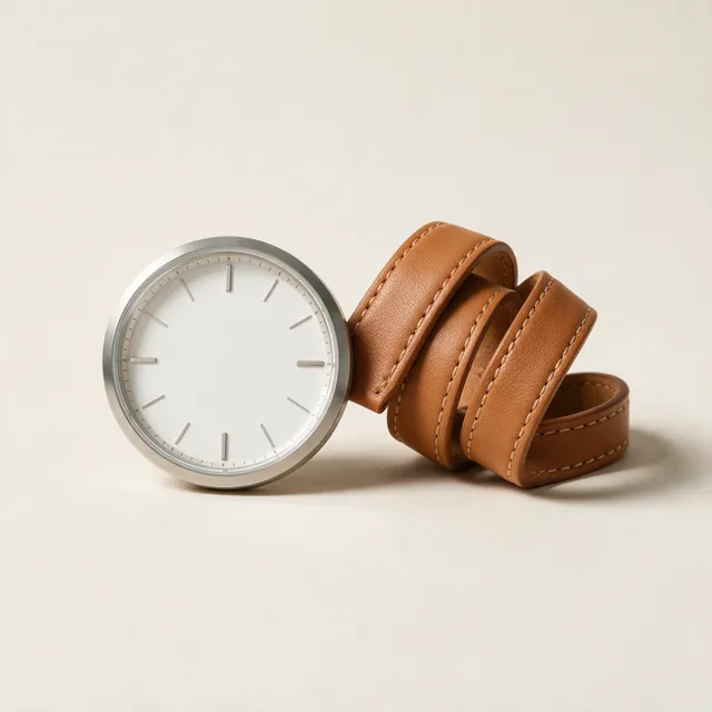 A tan leather watch strap coiled beside a plain watch face