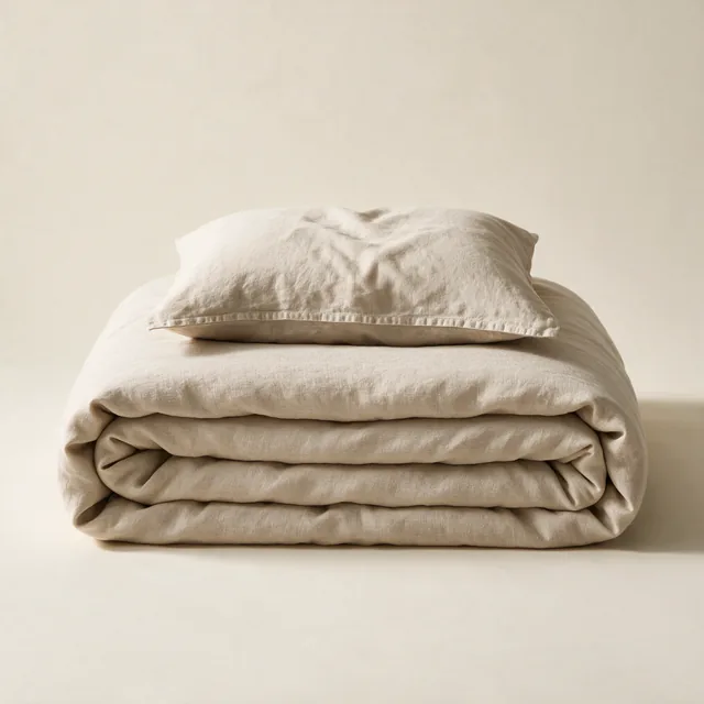 A folded linen duvet cover with a matching pillowcase