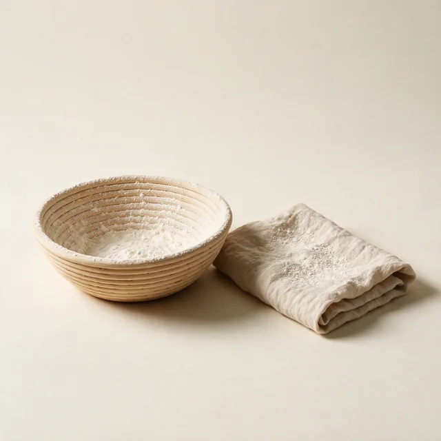 A cane proofing basket dusted with flour beside a linen cloth
