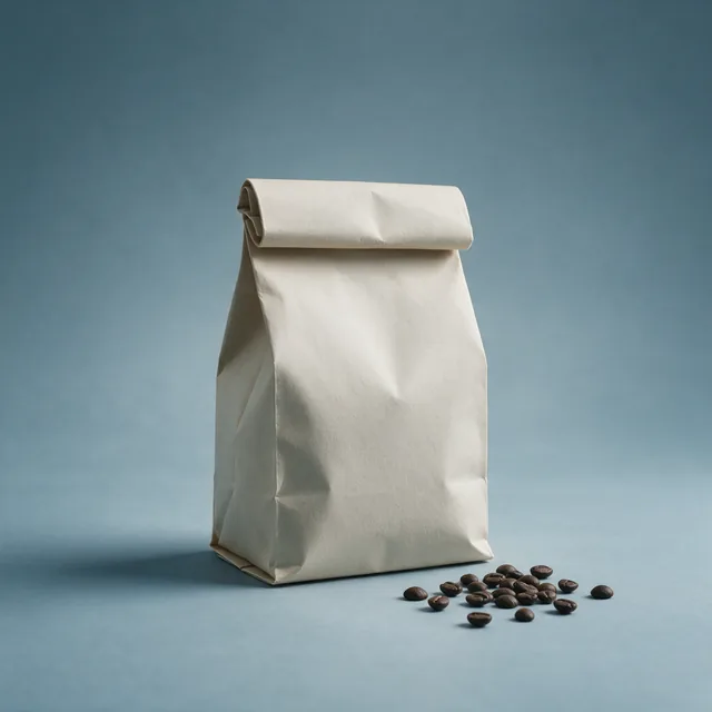 A paper bag of coffee beans with a few beans beside it