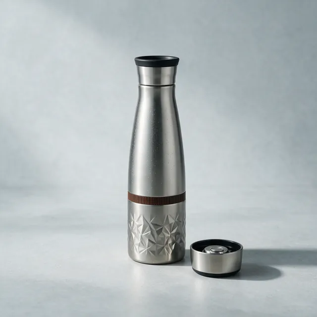 A stainless vacuum flask with its cup lid beside it
