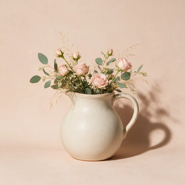 A few garden stems in a plain ceramic pitcher