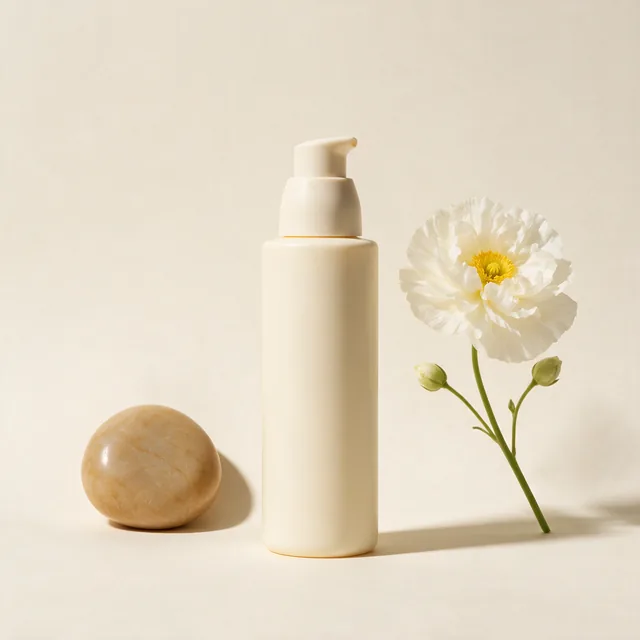 An unlabeled matte cream pump bottle of facial moisturizer