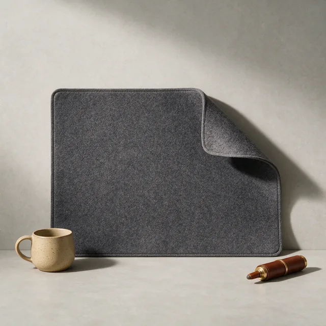A charcoal felt desk mat with one corner turned up