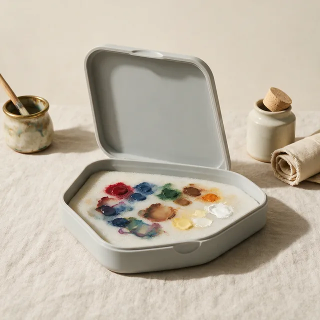 An open wet palette with a sponge sheet and mixed color pools