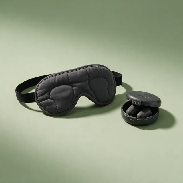 A padded sleep mask beside foam earplugs in a round case