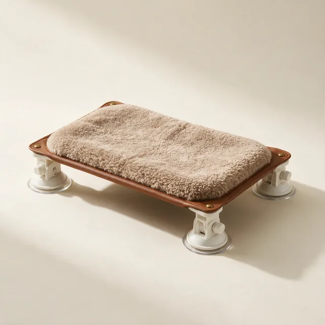 A padded cat window perch with a sherpa cushion