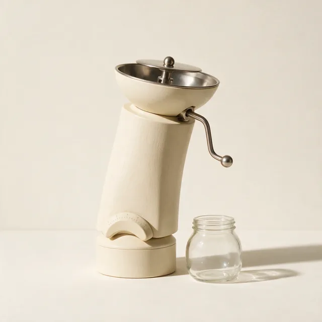 A burr coffee grinder in matte cream with a glass catch jar