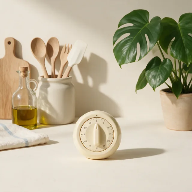 A round cream kitchen timer with a plain dial