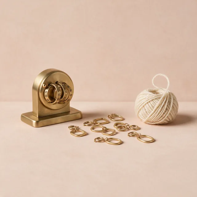 A row counter and brass stitch markers beside a ball of cream yarn