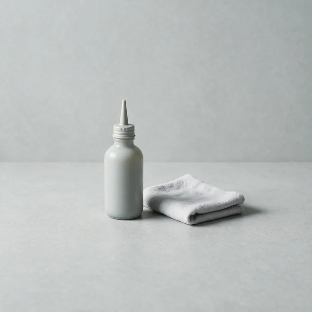 A bottle of bicycle chain lube beside a folded shop rag