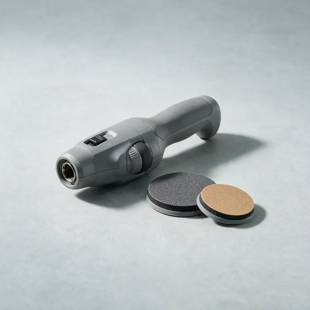 An oscillating multi-tool with no blade fitted, beside sanding pads