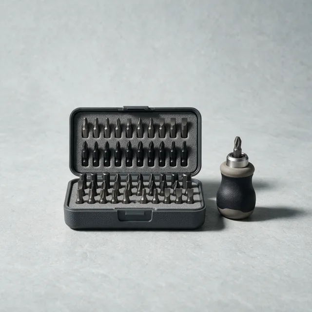 An open case of screwdriver bits with a stubby driver handle
