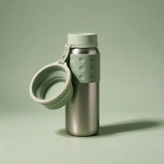 A travel water bottle with a flip-out dog bowl