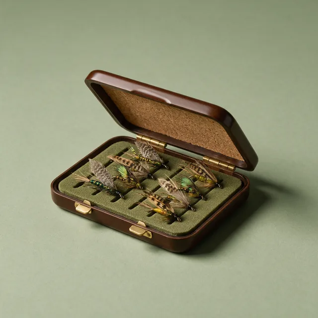 An open fly box with feathered flies seated in foam slots