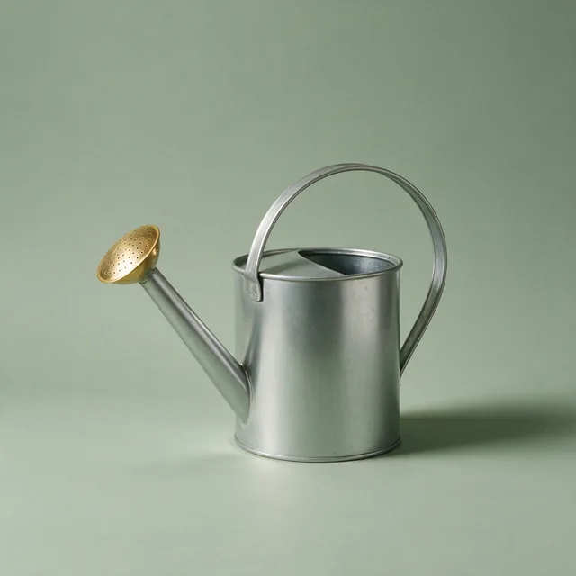 A metal watering can with a brass rose