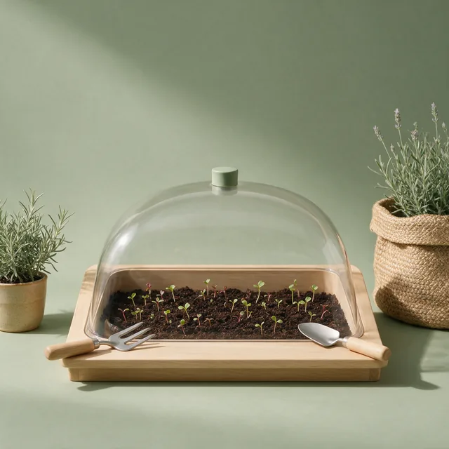 A windowsill propagator with a clear domed lid