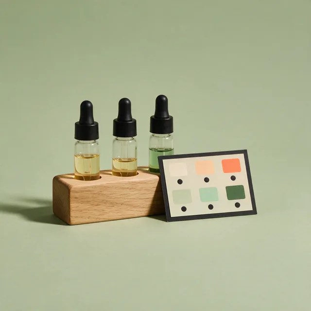 A soil test kit of glass vials in a wooden stand