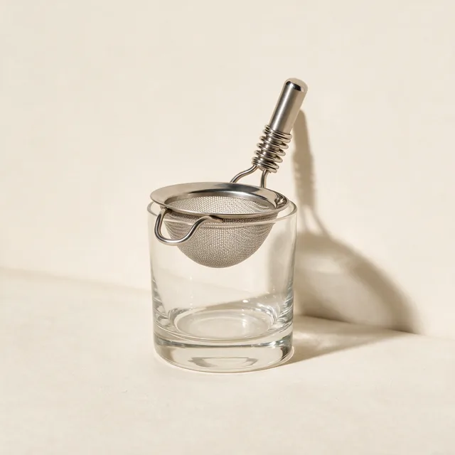 A fine mesh cocktail strainer resting on a glass rim