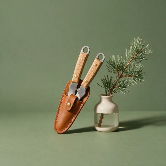 Closed pruning snips in a leather sleeve beside a cutting