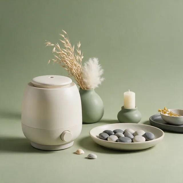 A small cream humidifier beside a pebble tray