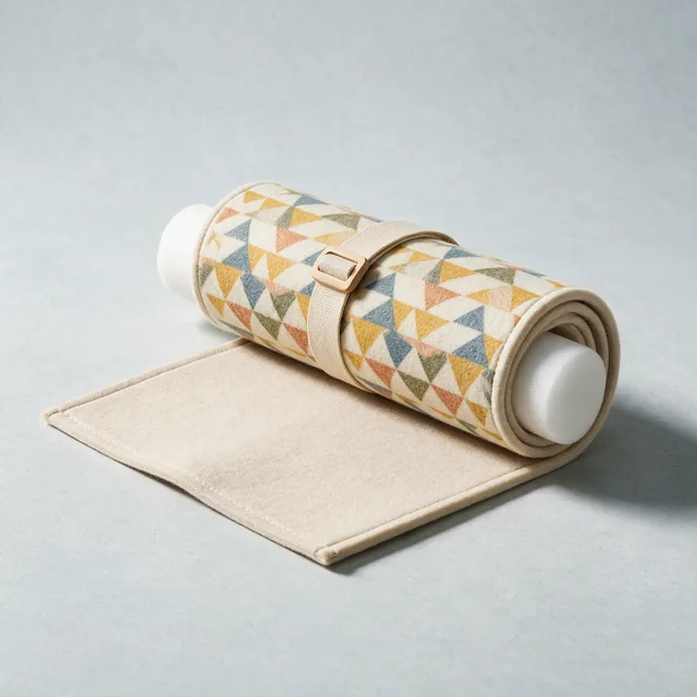 A felt puzzle mat partly rolled around a foam tube
