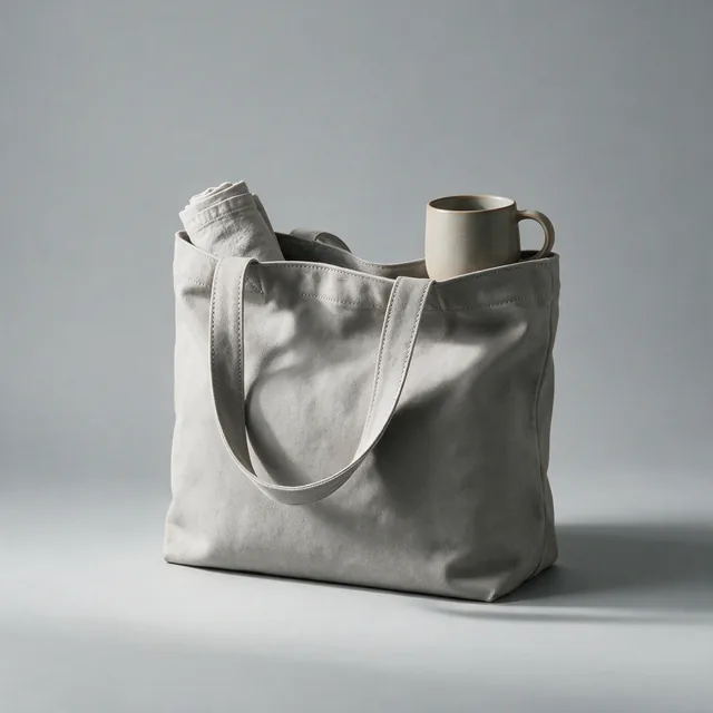 A heavy canvas tote bag standing upright