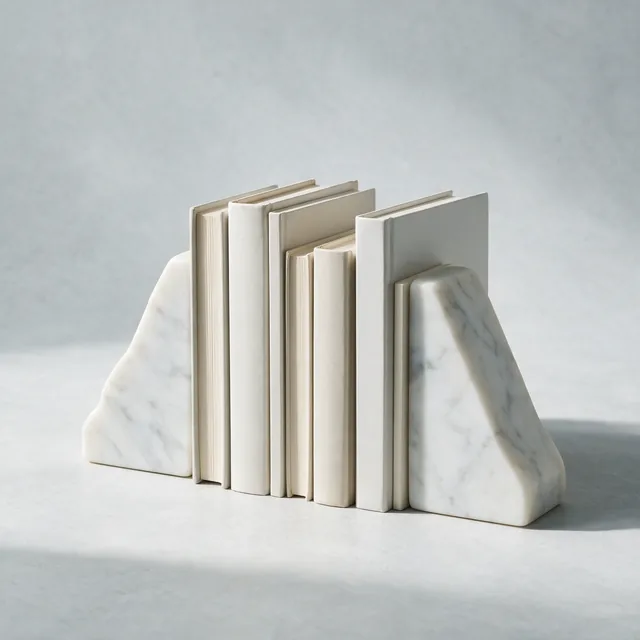 Marble bookends holding a short row of plain books