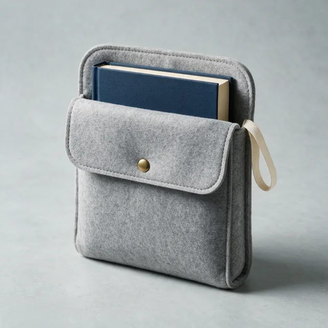 A felt book sleeve with a book easing out