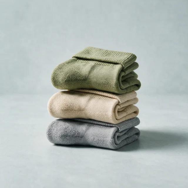 Three folded pairs of cushioned running socks stacked