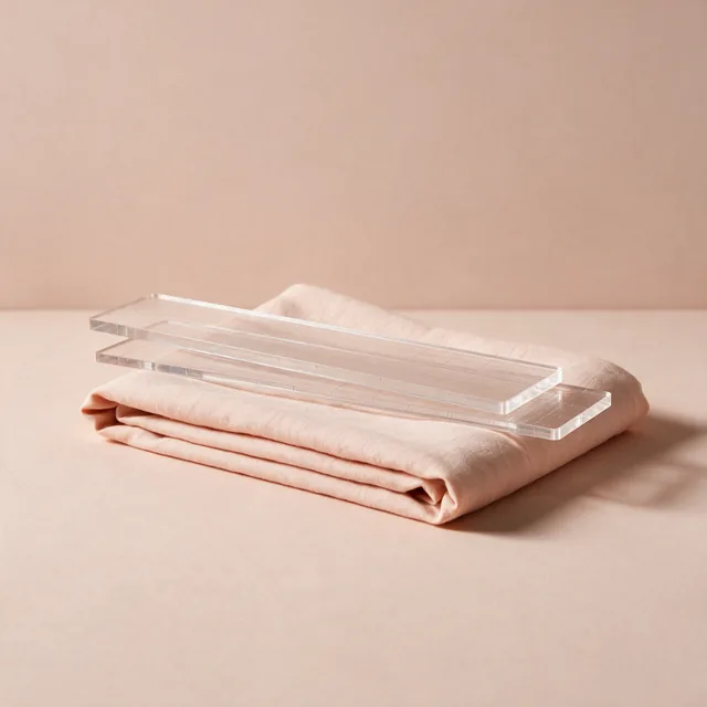 Two long clear acrylic quilting rulers stacked on folded cotton
