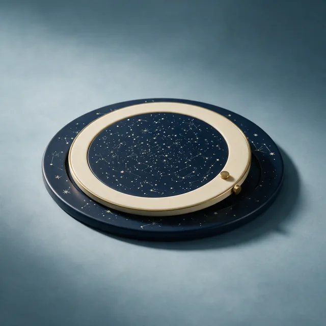 A circular planisphere star chart in navy and cream