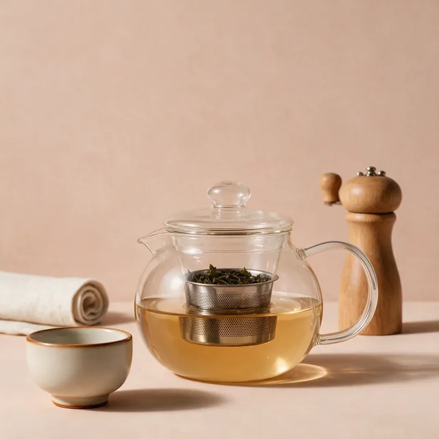 A glass teapot with a stainless filter basket