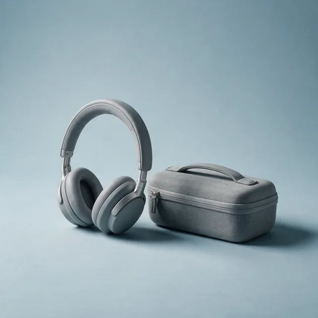 Over-ear noise cancelling headphones beside a carrying case