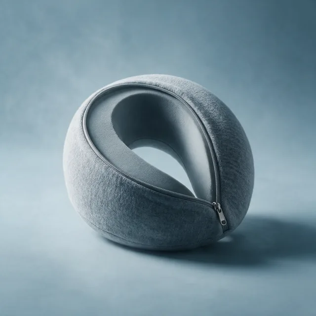 A memory foam travel neck pillow in muted gray