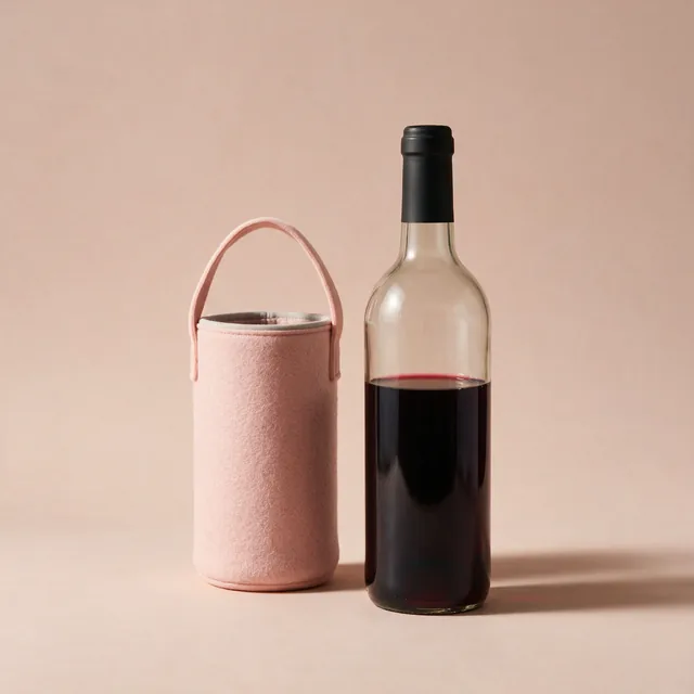 An insulated wine cooler sleeve beside a plain bottle