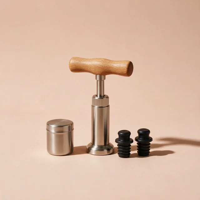 A wine preserver pump with two stoppers beside a canister