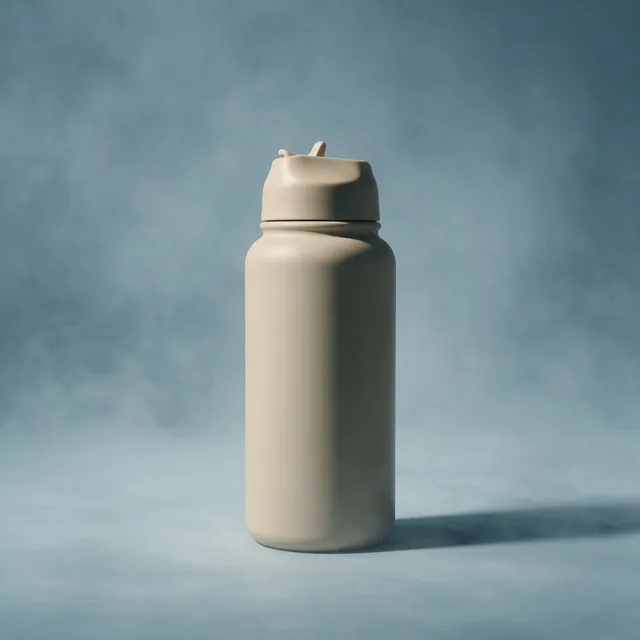 A large insulated water bottle with a straw lid