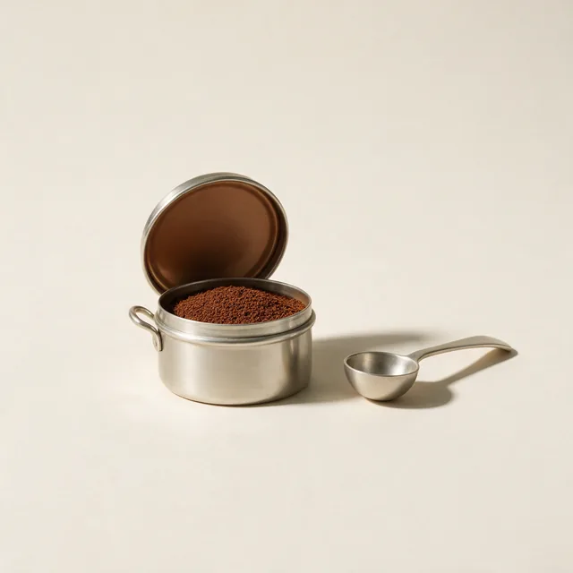 An open tin of ground coffee with a measuring spoon