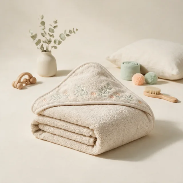 A thick folded hooded baby towel in oatmeal cotton