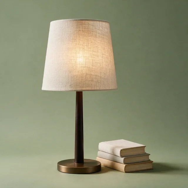 A warm table lamp with a linen shade beside a stack of books