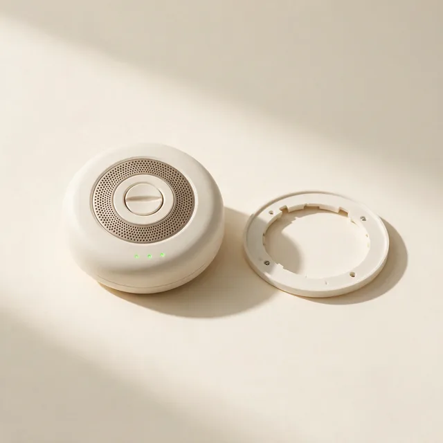 A round white carbon monoxide alarm beside its mounting plate