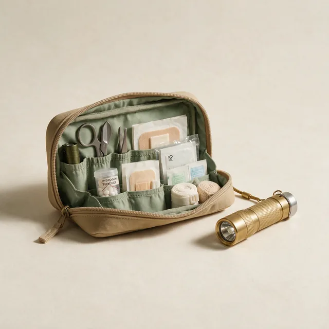 An open first aid pouch beside a small torch