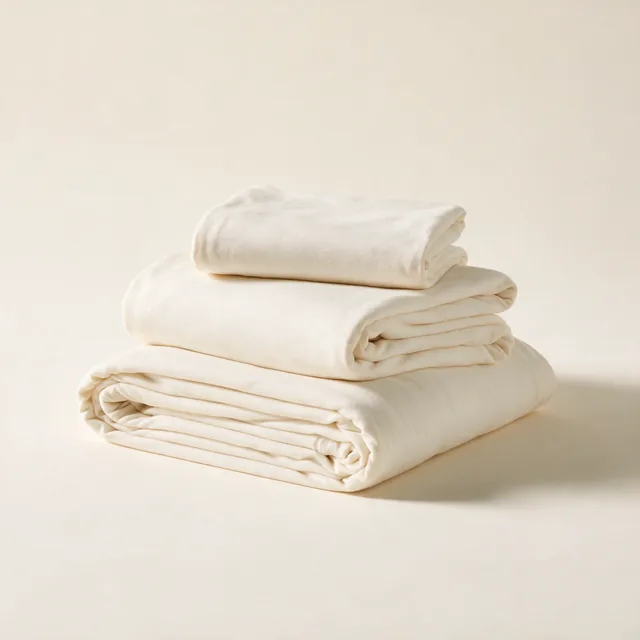 A folded set of jersey bed sheets