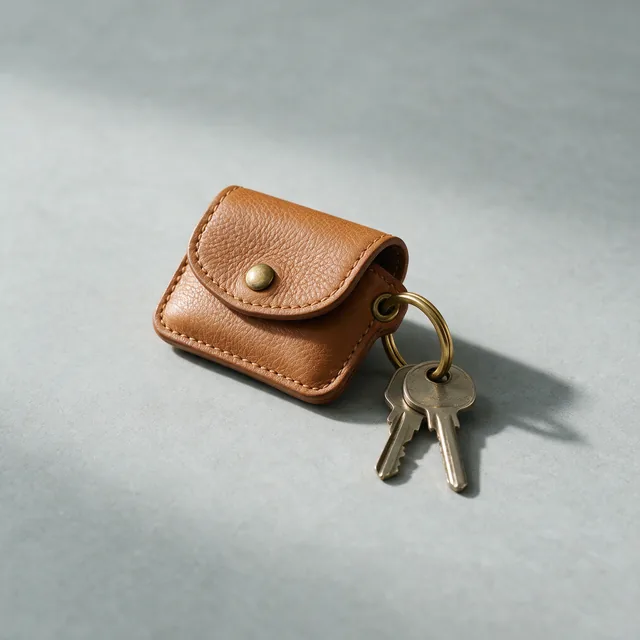 A leather key case with a brass ring and two plain keys